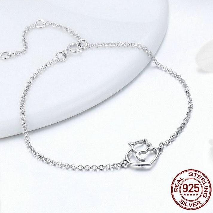 100% 925 Sterling Silver Cat And Heart Link Chain Bracelet
